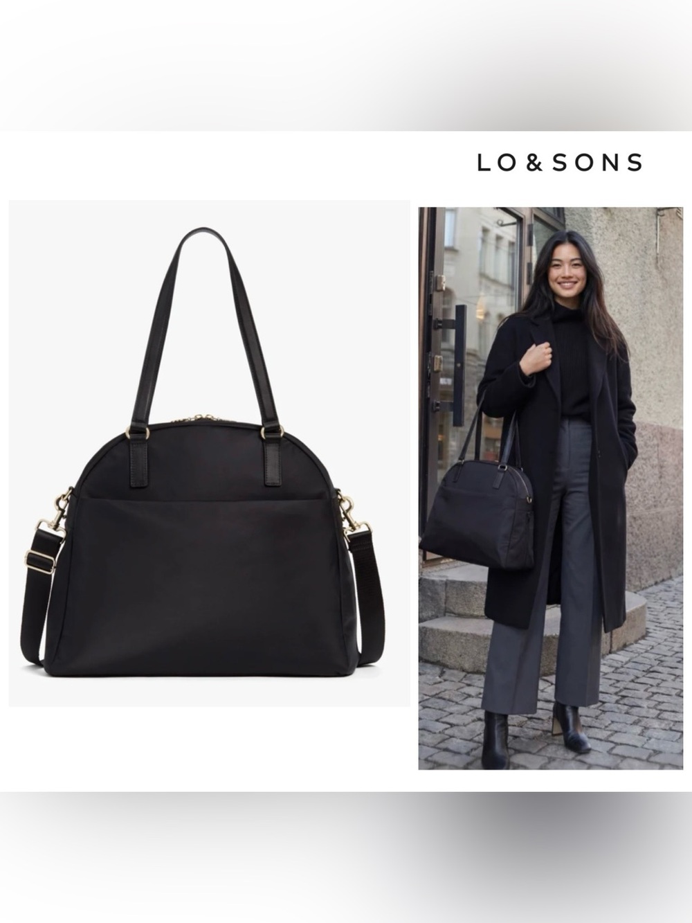 Lo and Sons Black OG Laptop Tote with Gold Accents and Lavender Interior
